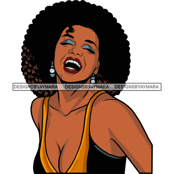 Black Smiling Woman Wearing Yellow Bra Showing Cleavage Curly Hairs St 
