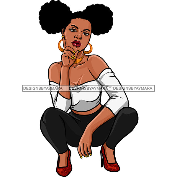 Sassy Black Woman Stooping With Afro Buns In Color Png Clipart Cri