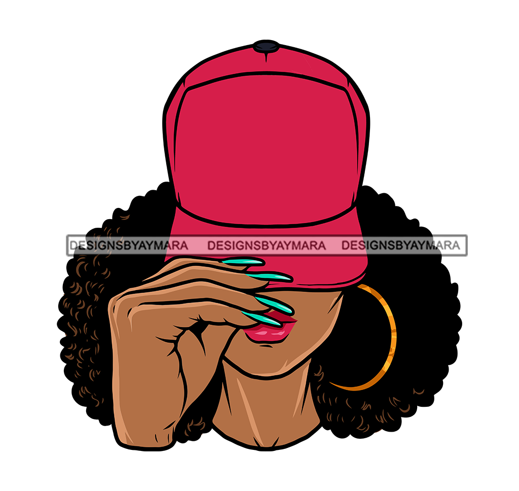 Gangster African American Woman Hand Holding Cap Red Color Curly Hairs –  DesignsByAymara