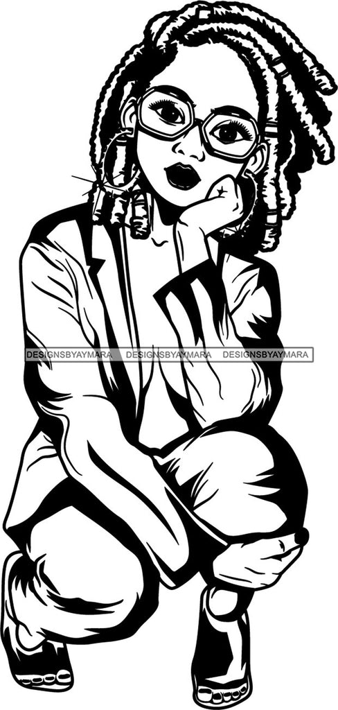 Download Afro Woman Wearing Glasses Squatting Position African American Female Designsbyaymara