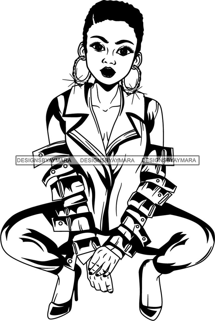 Download Afro Black Woman Squatting Hoop Earrings Bracelets High Heels B W Shor Designsbyaymara