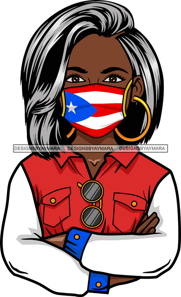 Afro Lola Wearing Face Mask Flags Puerto Rico Country Proud Roots Viru Designsbyaymara