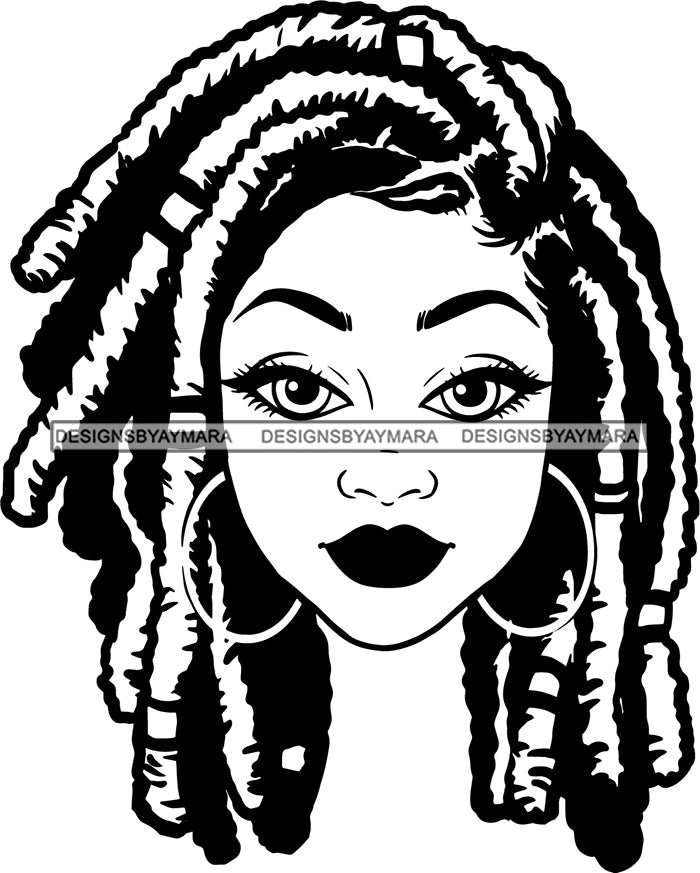 Afro Girl Babe Hoop Earrings Sexy Lips Dreadlocks Hair Style B W Svg