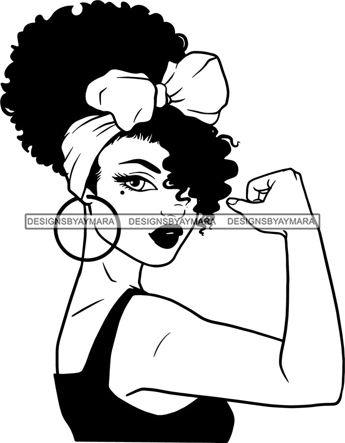 Afro Girl Babe Hoop Earrings Strong Woman Sexy Lips Up Do Hair Style B W Svg Cutting Files For