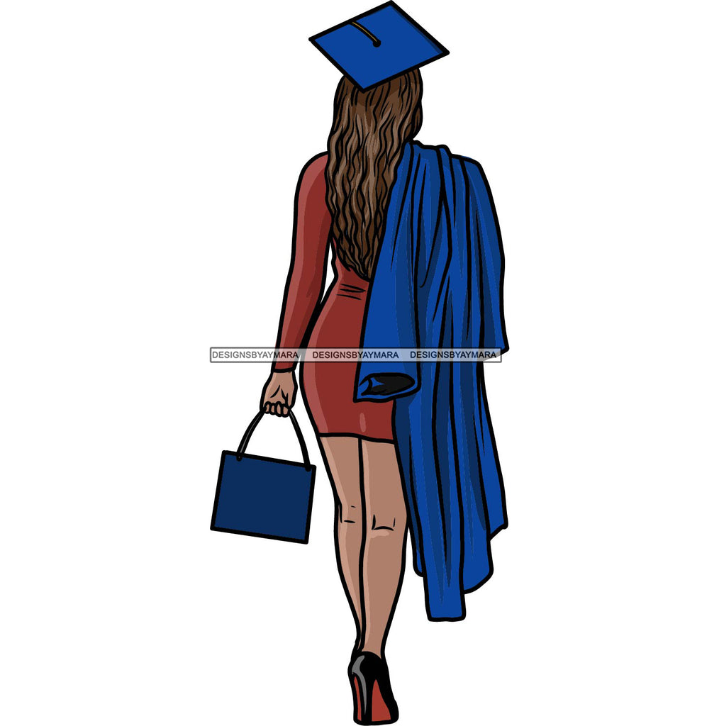 Download Afro Black Woman Holding Graduation Gown Wearing Cap Back View Long Ha Designsbyaymara
