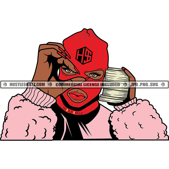 Gangster Woman Ski Mask Money Stack Hustling Hustler Grind Grinding Ve ...