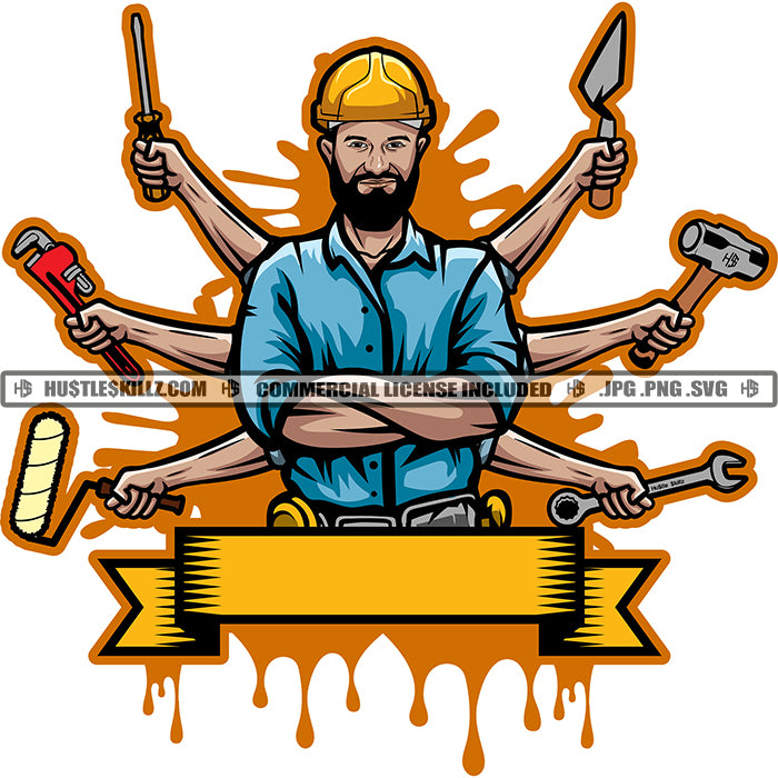 Handyman Construction Man Logo Work Tools Ribbon Business Grind Hustli ...