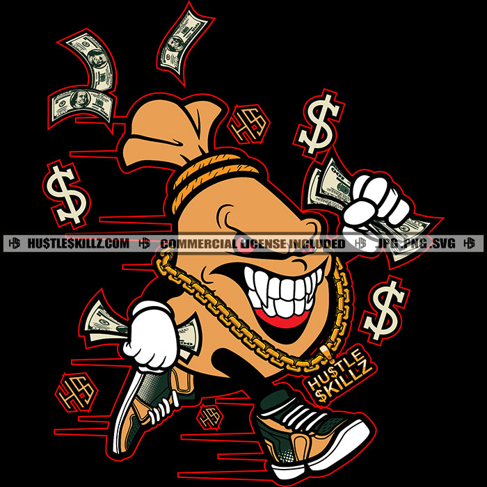 Funny Cartoon Money Bag Character Running And Holding Cash Money Vecto –  DesignsByAymara