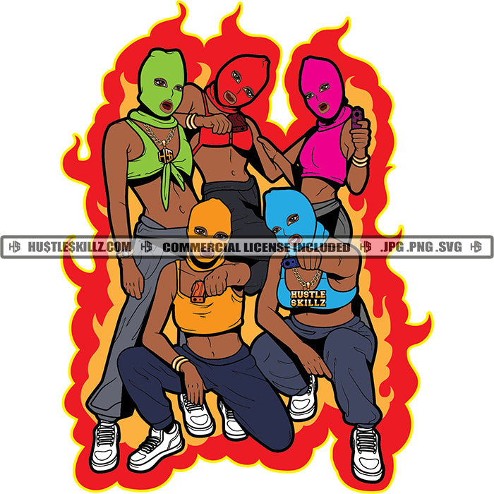 African American Gangster Woman Squad Fire Background White Background –  DesignsByAymara