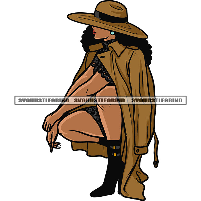 Gangster African American Woman Sitting Pose Wearing Coat And Hat Hide –  DesignsByAymara