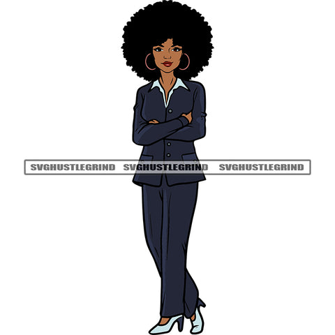 African Woman Standing Business Woman Smile Face Afro Puffy Hairstyle Design Element White Background SVG JPG PNG Vector Clipart Cricut Silhouette Cut Cutting