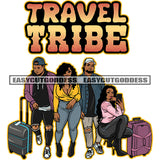 Travel Tribe Quote African American Couple Artwork Sexy Melanin Woman Sitting Pose Curly Hairstyle Man Holding Travel Bag And Wearing Cap SVG JPG PNG Vector Clipart Cricut Silhouette Cut Cutting
