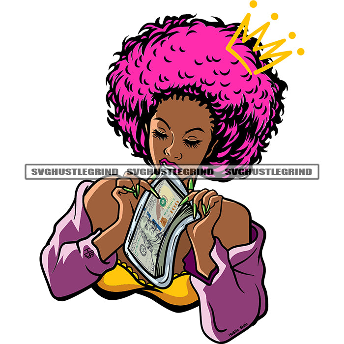 Gangster African American Woman Bite On Money Note Pink Color Hairs Cr –  DesignsByAymara