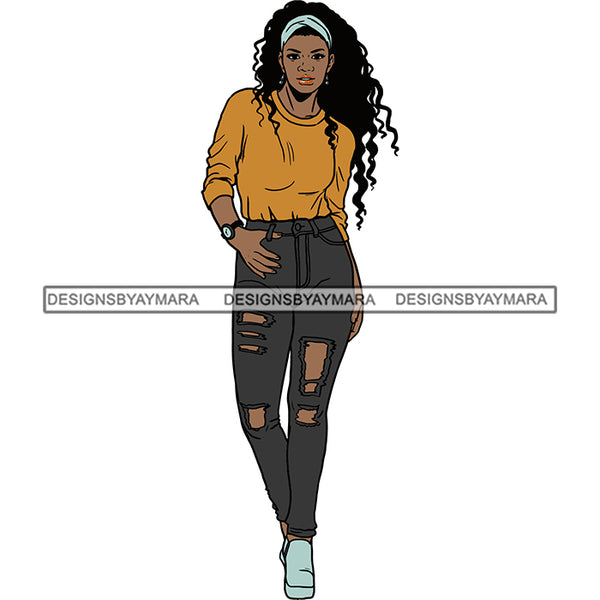 Black Woman In Black Jeans Gold Long Sleeve Top Posing SVG JPG PNG Vec ...