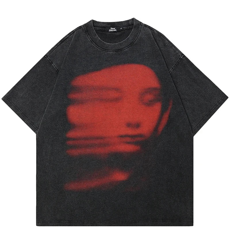 Blurry Red Face Graphic Loose T-Shirt