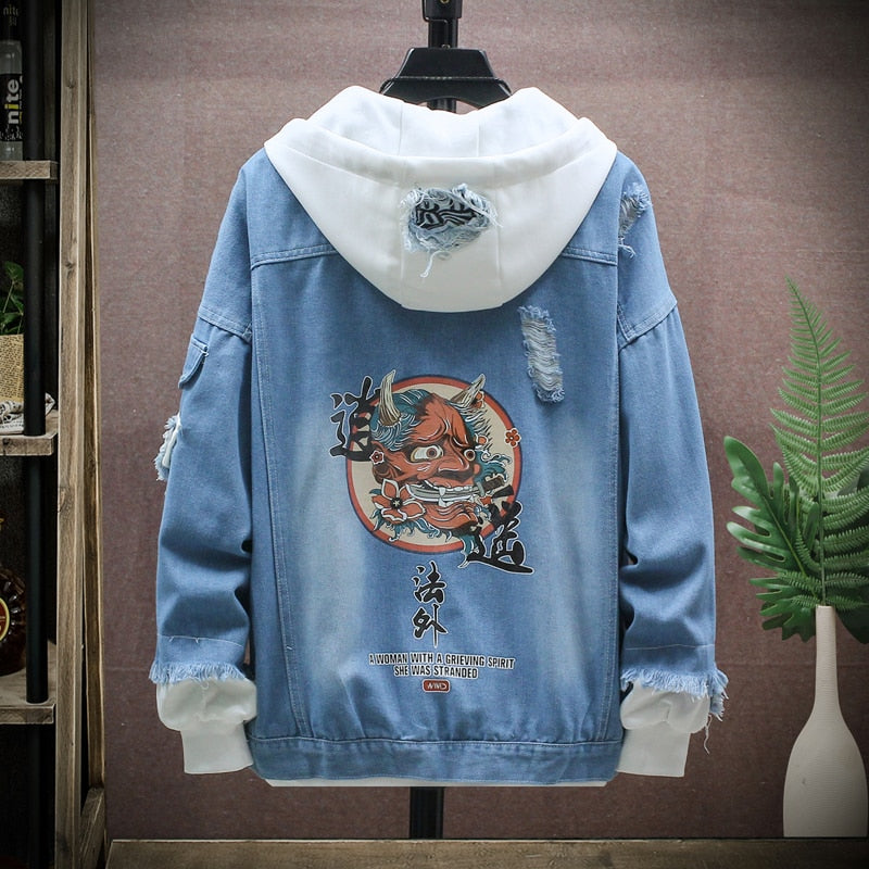 Devil Lion Cloud Denim Ripped Hooded Jacket