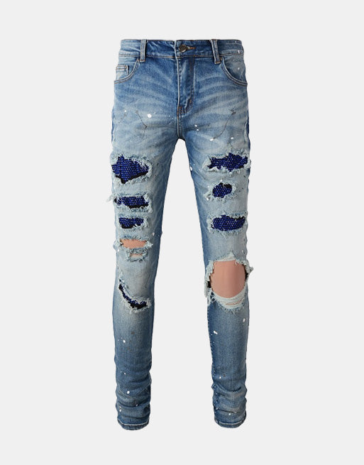 Sapphire Distressed Rhinestone Slim Jeans