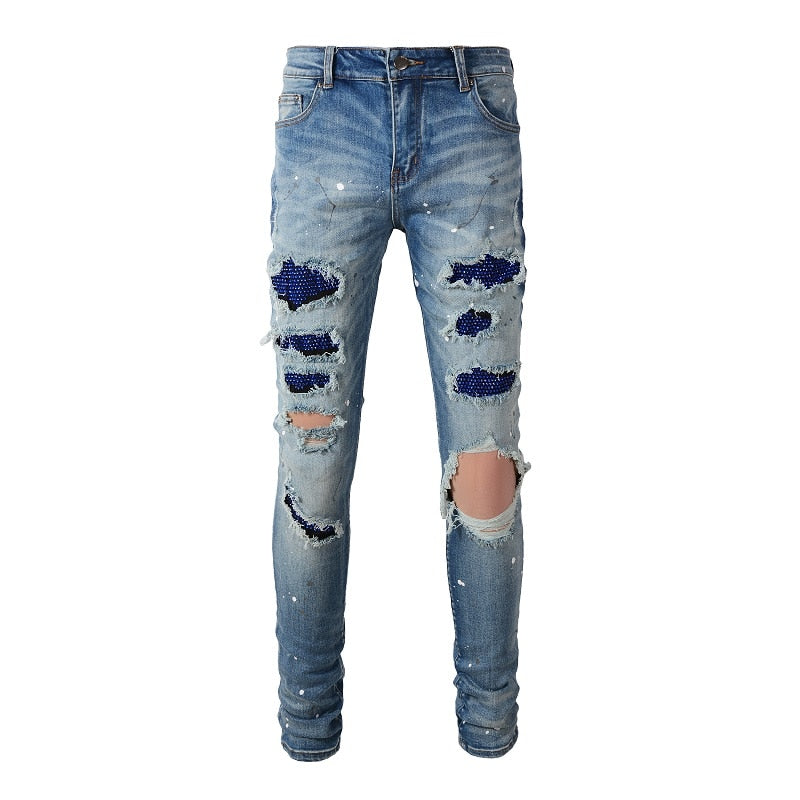 Sapphire Distressed Rhinestone Slim Jeans