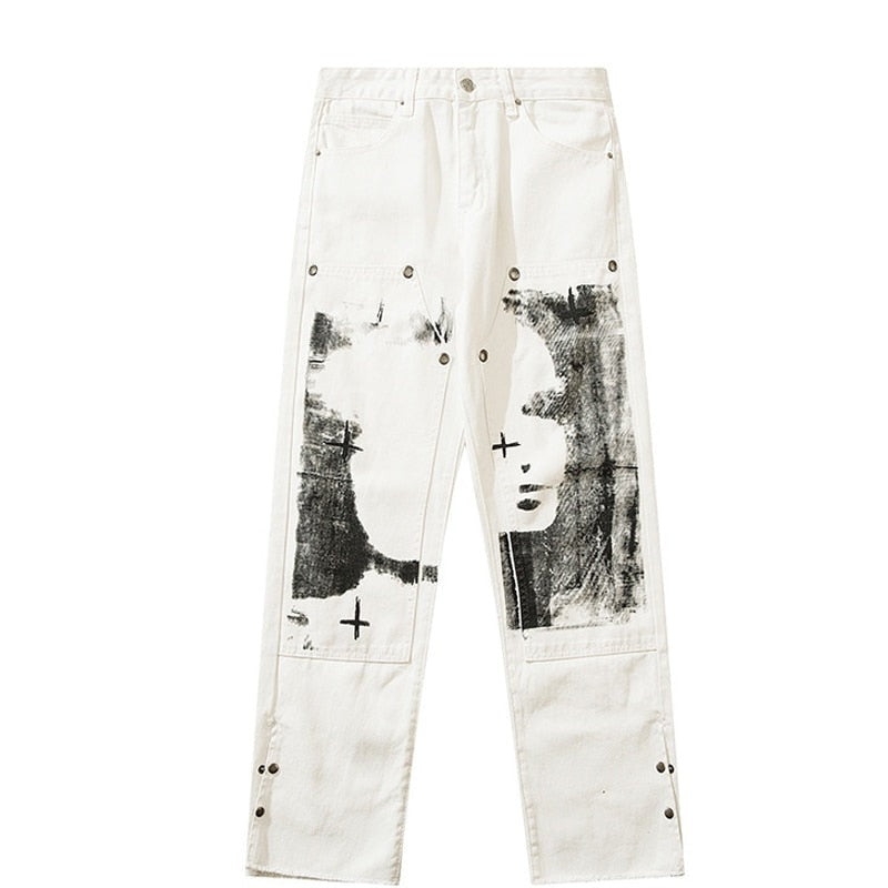 Herringbone Graffiti Print White Straight Jeans