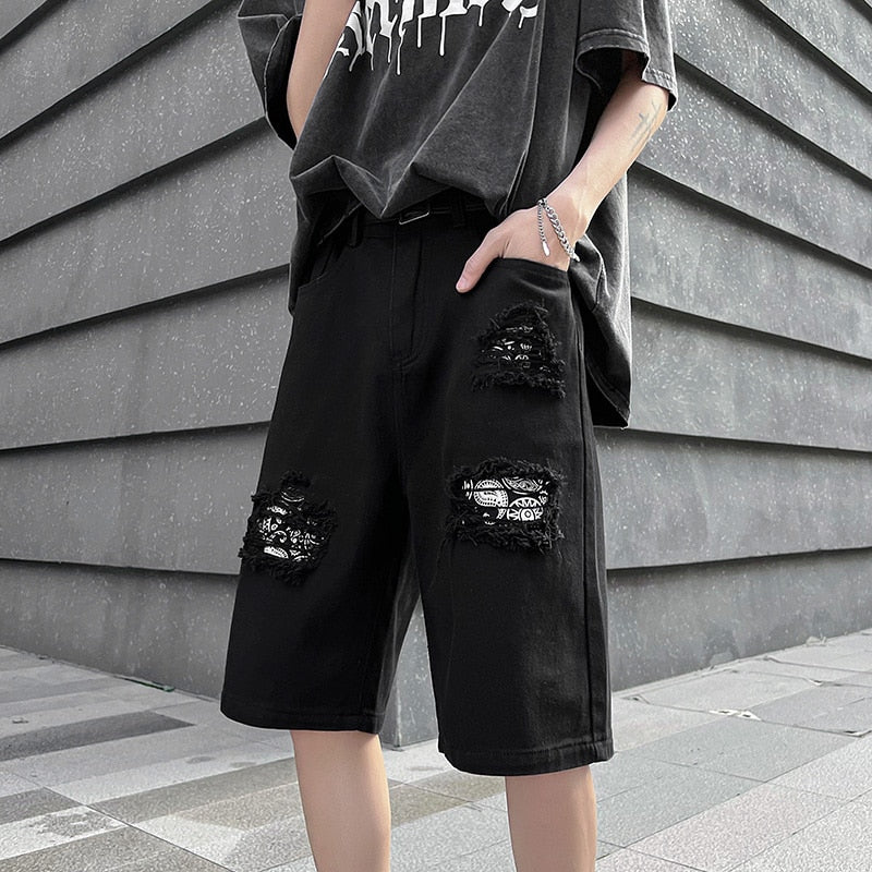 Ripped Hole Patchwork Knee Length Shorts