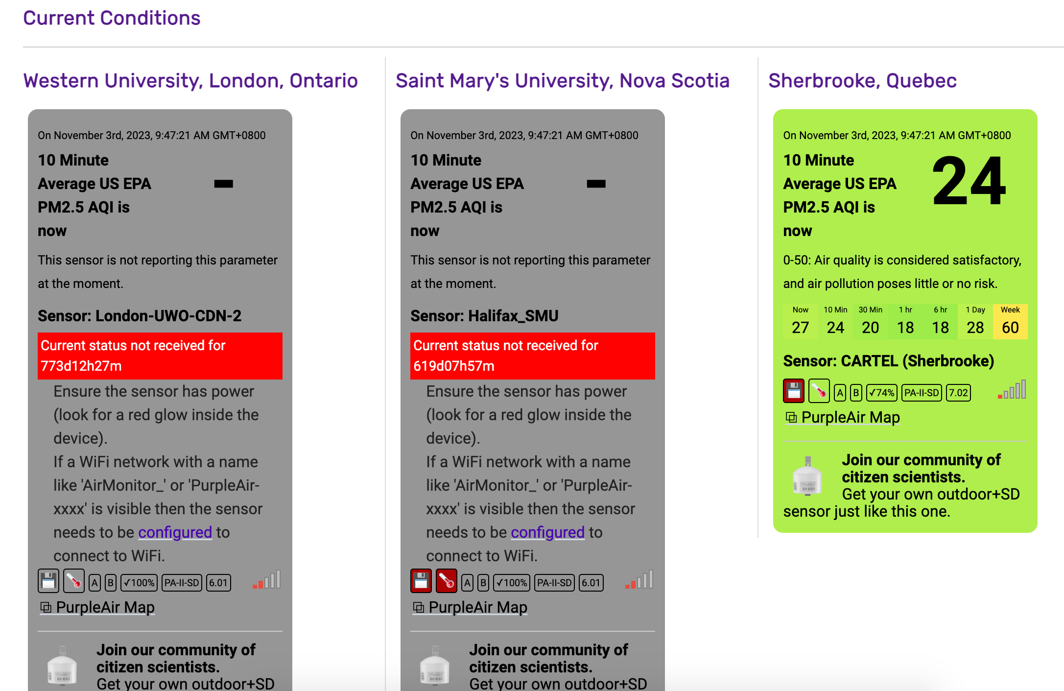 PurpleAir data embedded on the MPLNCAN website