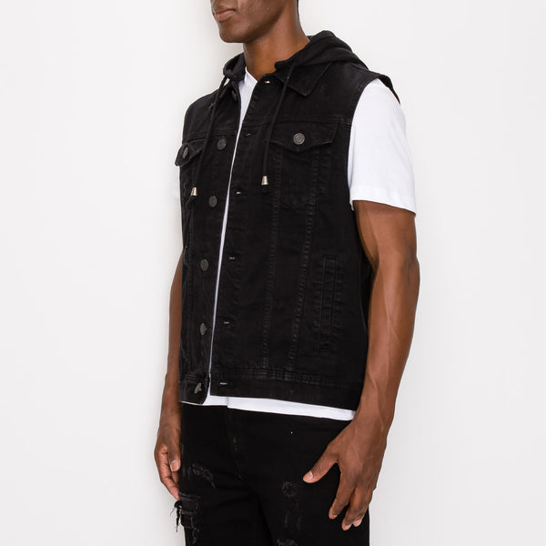 DETACHABLE HOOD DENIM VEST - JET BLACK