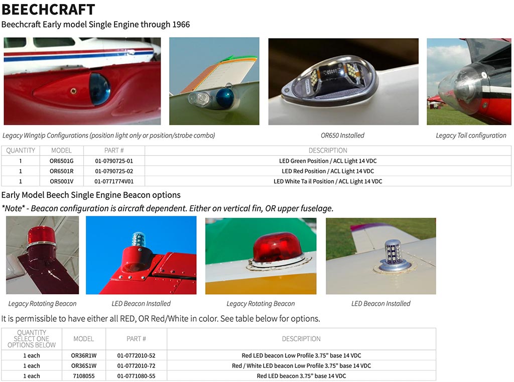 Beechcraft Airplane Orion LED Light Replacement Chart