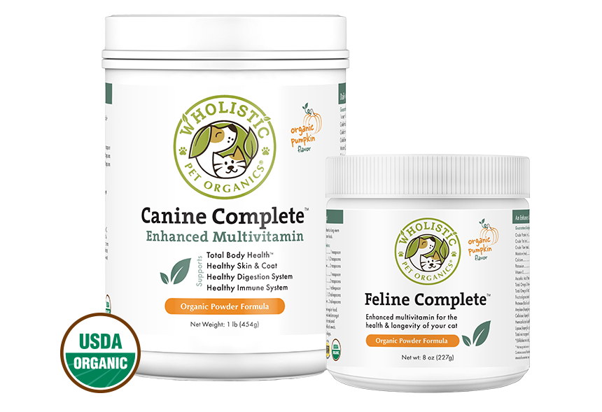 USDA Certified Organic Canine Complete™ with Pumpkin and USDA Certified Organic Feline Complete™ with Pumpkin.