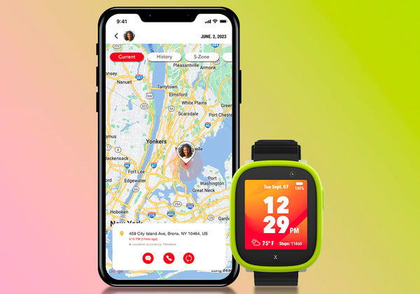 Xplora app screenshot featuring GPS functionality with a map displaying location and navigation details, next to the green X6Play smartwatch