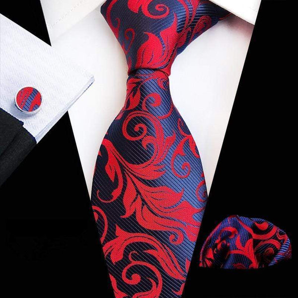 Cherry Red & Navy Blue Large Leaf Print Tie Complete Set - Modern Mister