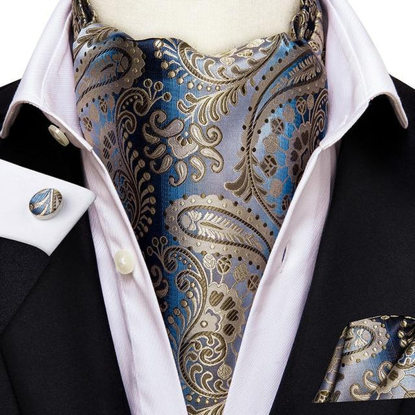 Fading Navy Blue & Light Blue with Gold Paisley Matching Silk Ascot Se ...