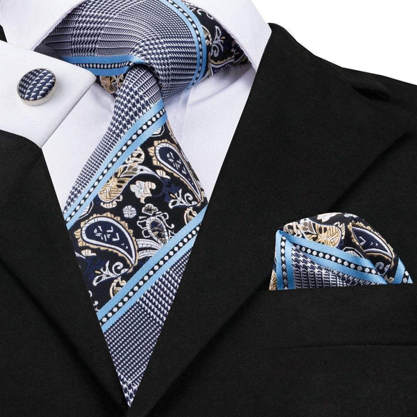 Gold & Navy Blue Paisley with Crosshatch Stripes Matching Tie Set (3pc ...