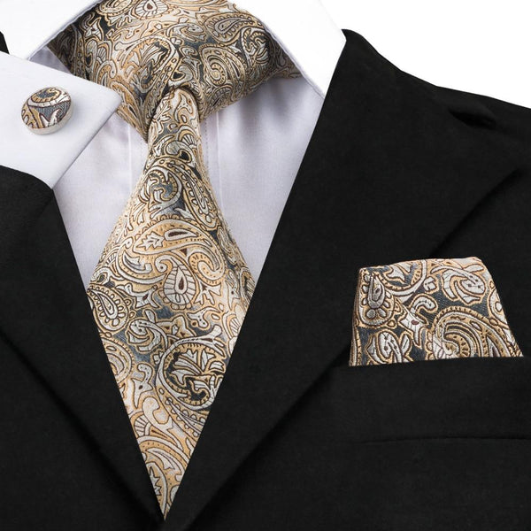 Gold, Silver & Black Paisley Matching Tie Set (3pc) - Modern Mister