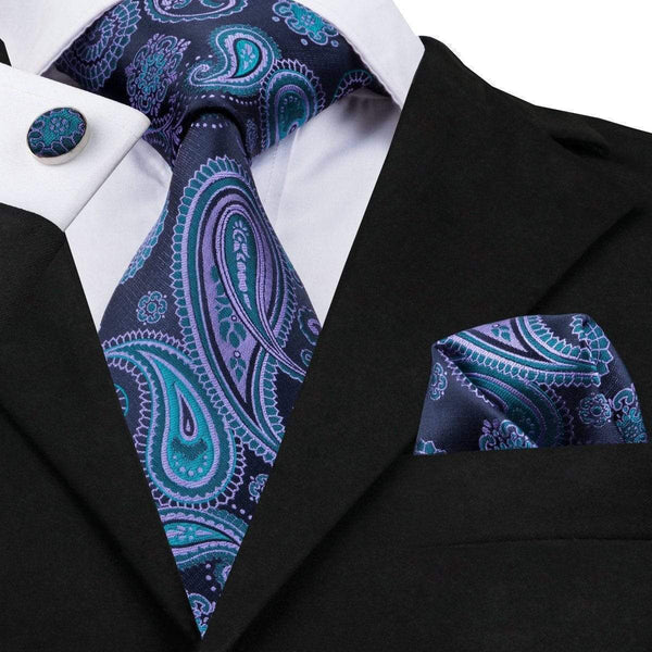 Midnight Blue with Turquoise & Purple Paisley Matching Tie Set (3pc ...