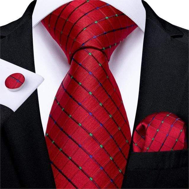 Ruby Red Crosshatch with Blue & Lime Green Diamonds Tie Complete Set ...