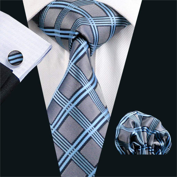 Silver with Light Blue Box Stripes Matching Tie Set (3pc) - Modern Mister