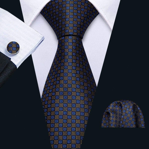 Yellow & Blue Checkered Geometric Matching Tie Set (3pc) - Modern Mister