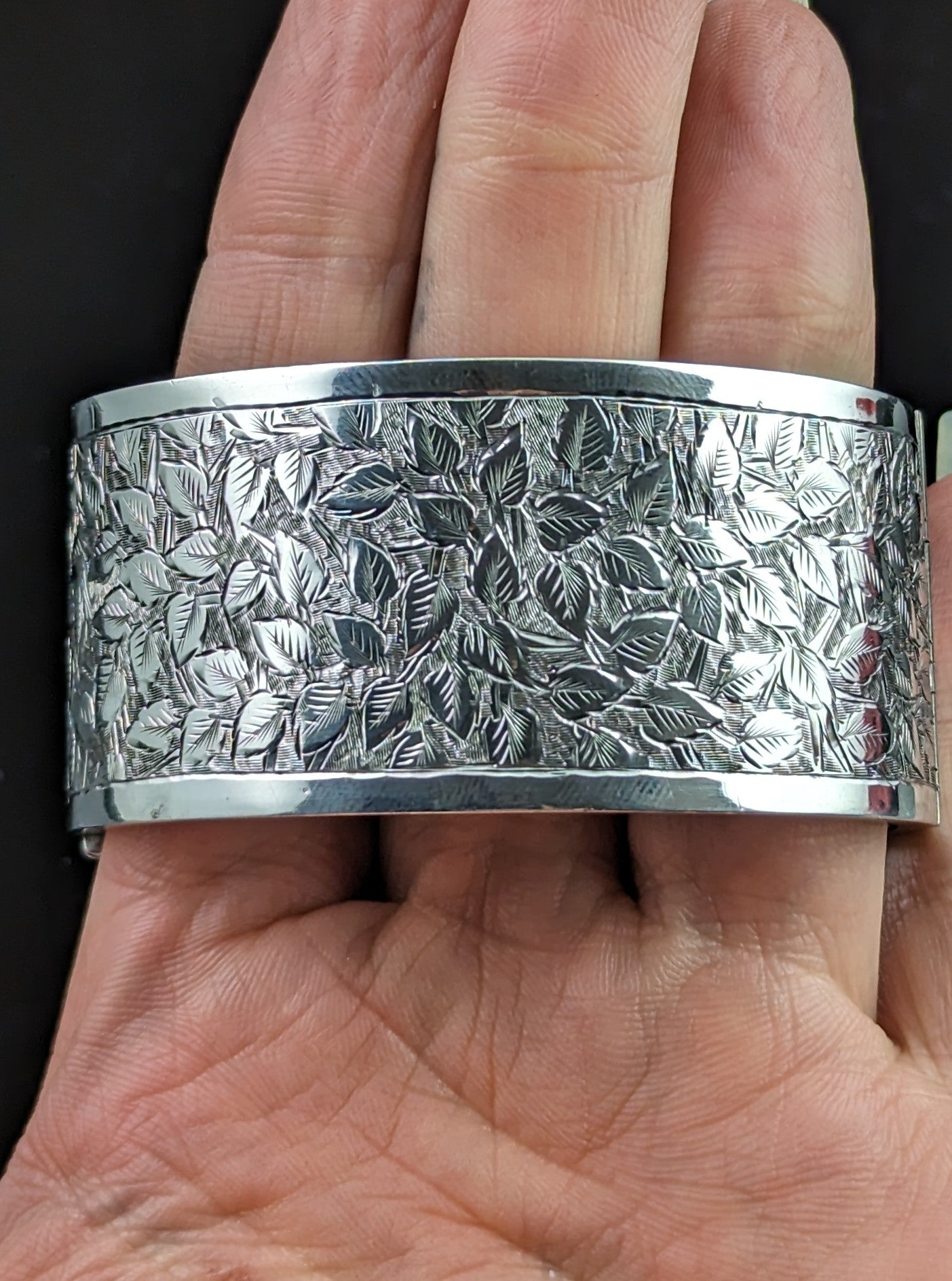 Antique Chunky silver cuff bangle, leaf engraved, Edwardian