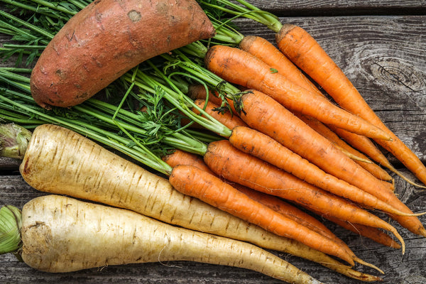 Top down view of carrots and other orange root vegatables.