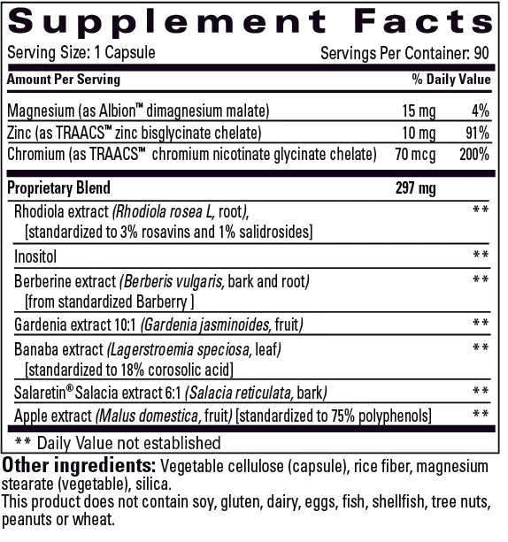 Supplement facts label with ingredients and nutritional information for a dietary capsule.