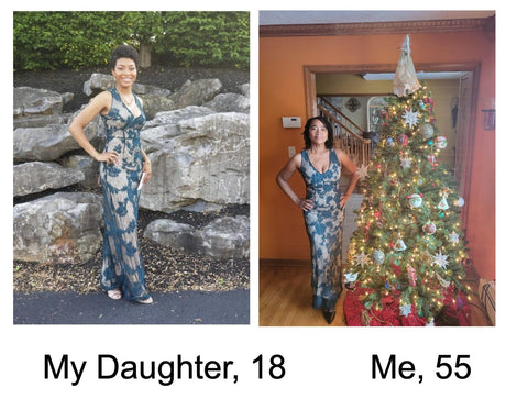 Picture of Sharon's daughter wearing a prom dress side-by-side with a picture of Sharon wearing the same dress