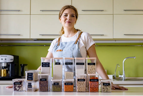 A woman with containers filled with grains and beans