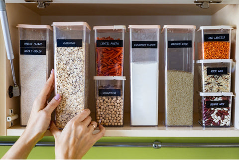 Labeled plastic containers filled with grains