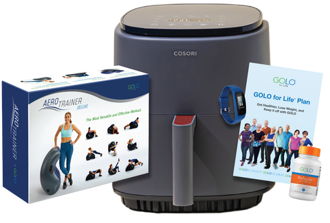 Aero Trainer, air frier,  Etekcity Fitness Tracker, and bottle of GOLO Release supplement