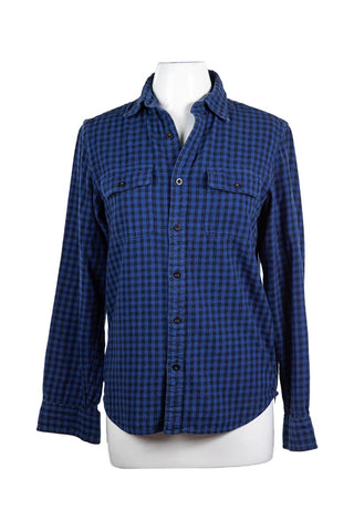 L.L.Bean Signature Heritage Textured Flannel Plaid Shirt Women's Clothing Carbon Navy : LG