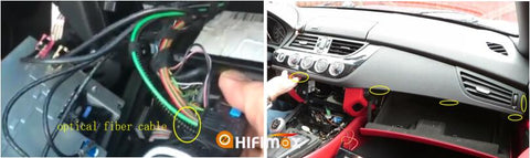 move the optical fiber to our power cable, take off the plastic frame in the front of dashboard