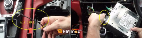 connect the AUX cable and insert the power cable and other factory harness to factory radio head unit