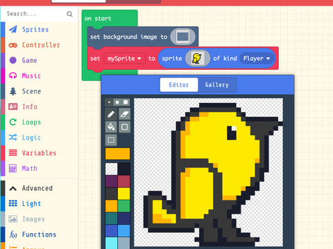little bird logo pixel art in makecode arcade sprite editor