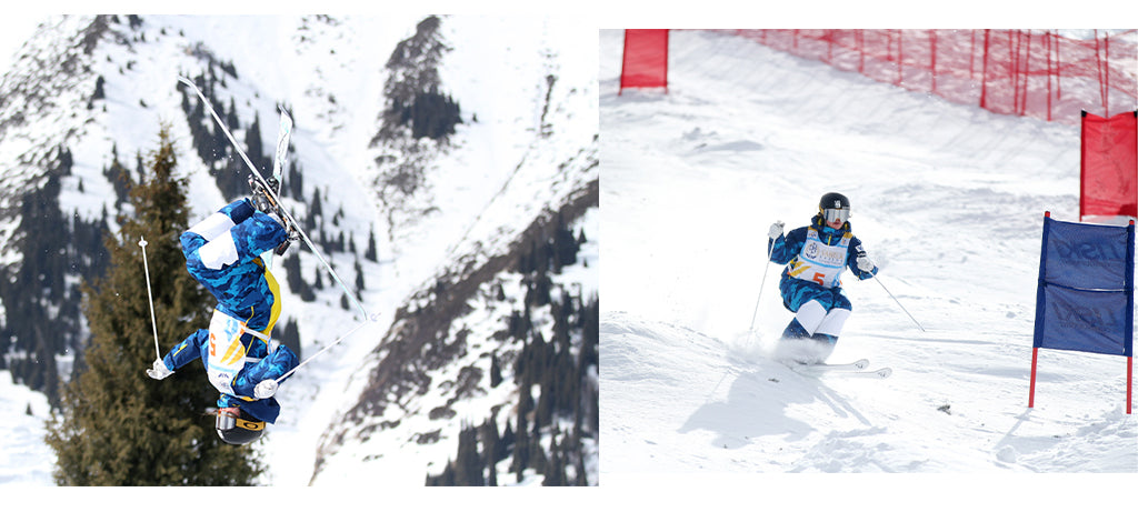 (left) Jaelin Kauf flips (right) Jaelin Kauf skiing moguls