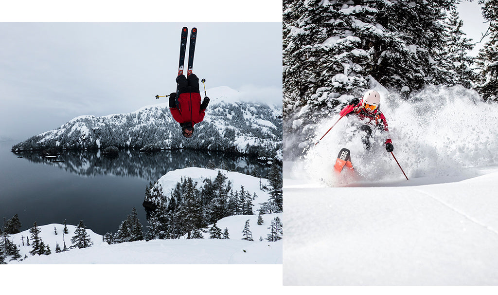 (left) Connery Lundin back flips in Alaska (right) Amie Engerbretson skis pow